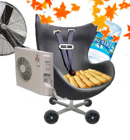 Chair with twinkies for the seat, fan, and water