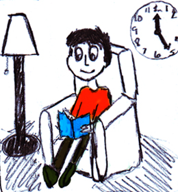 Sketch of person sitting in a chair reading a book