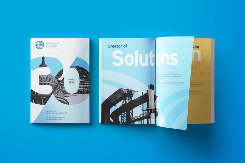 AICGS corporate brochure cover design and interior spread.