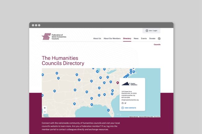 Federation of State Humanities Councils Directory page with interactive map