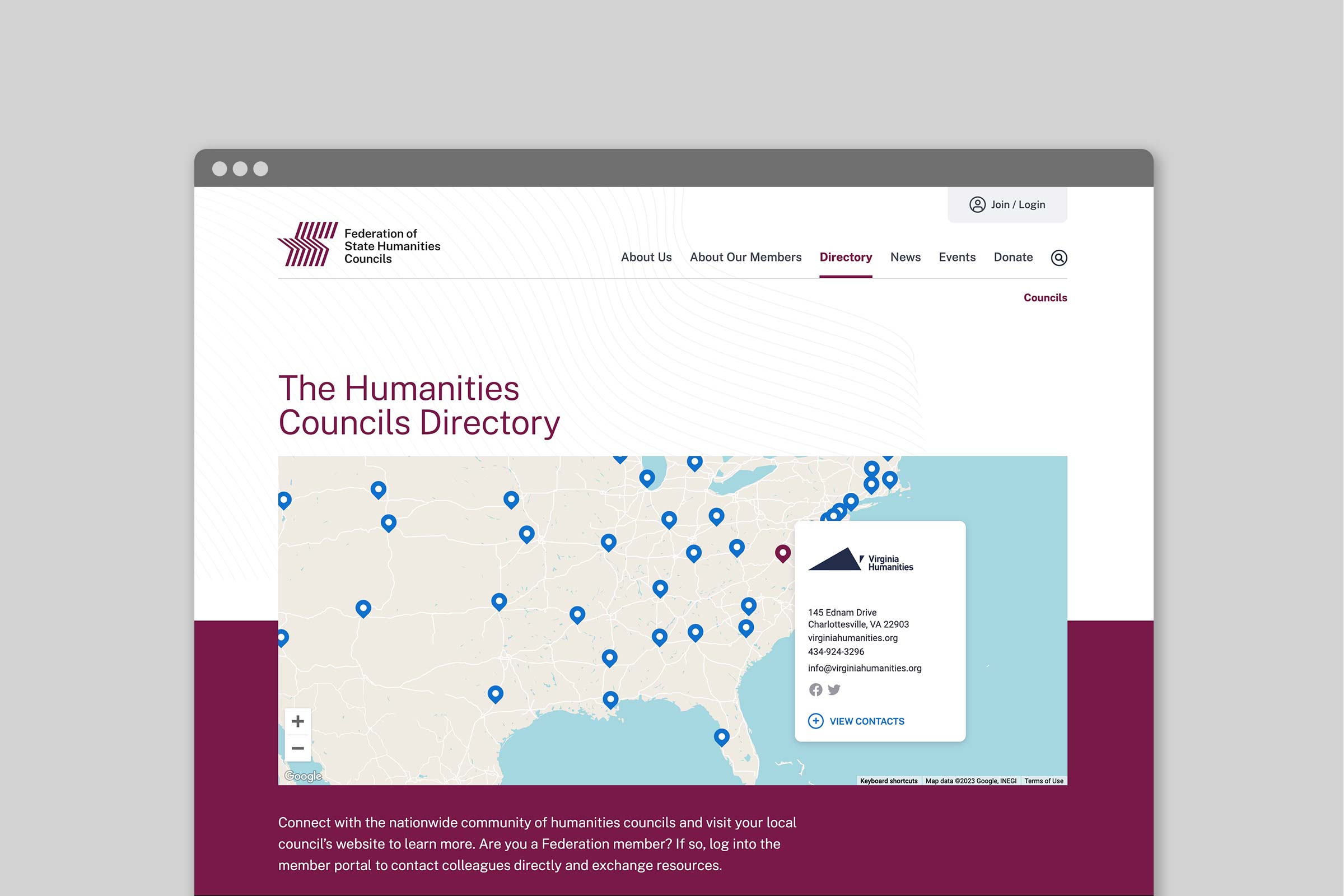 Federation of State Humanities Councils Directory page with interactive map.