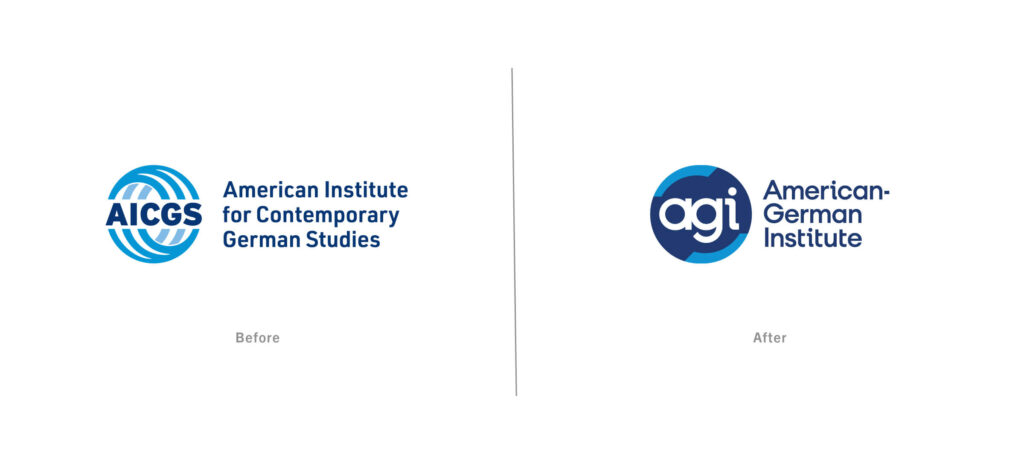 Before and after comparison of the AGI logo after ob9's rebrand