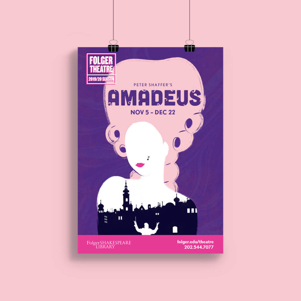 Amadeus illustrated theme poster hung on hanging clips.