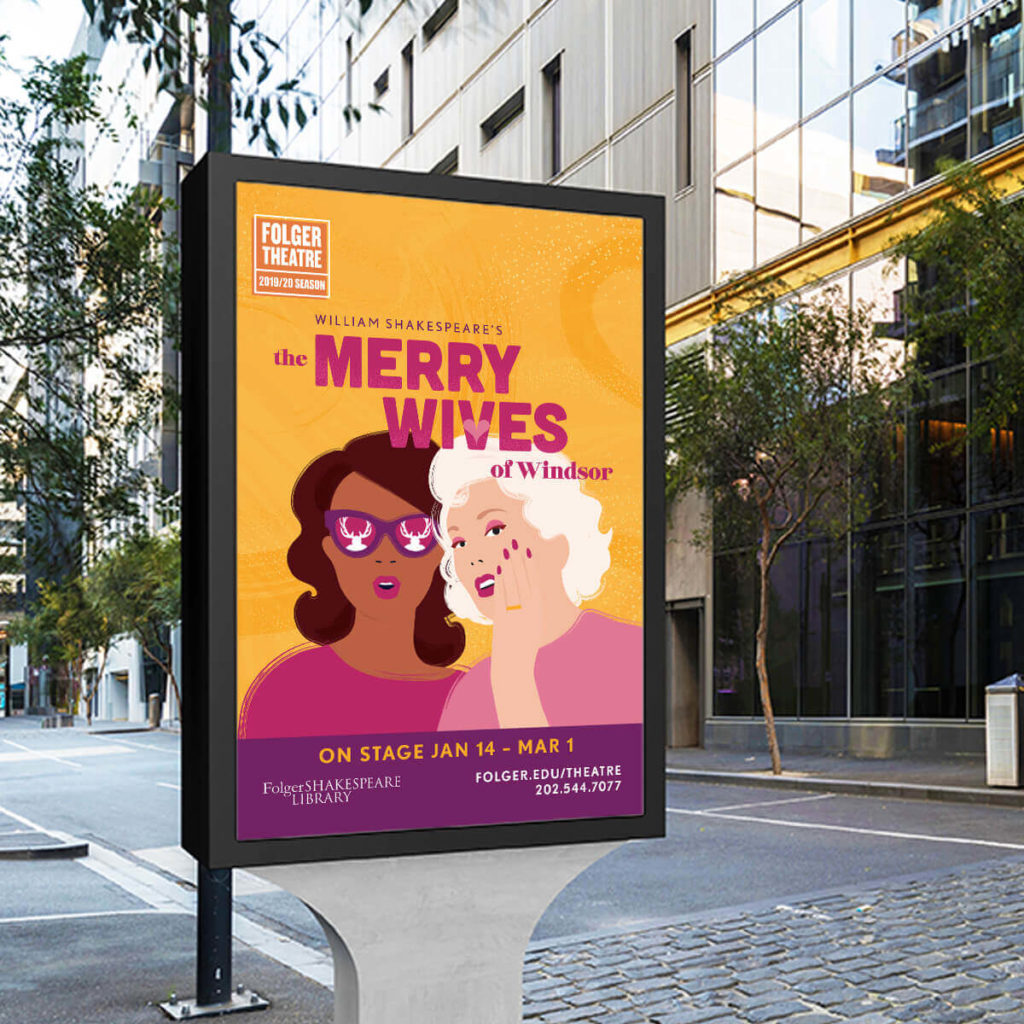 The Merry Wives illustrated theme poster displayed on outdoor city sign.