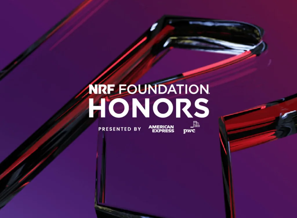 Large floating glass R with NRF Foundation Honors logo sitting on top, which is the branding for NRF Foundation Honors 2026