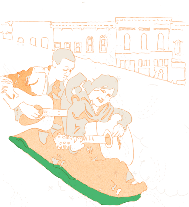 Background artwork of man and woman sledding while playing guitar