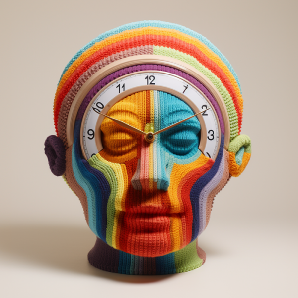 A rainbow knitted head with a clock on it's forehead