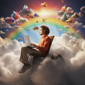Man on laptop floating on cloud in sky