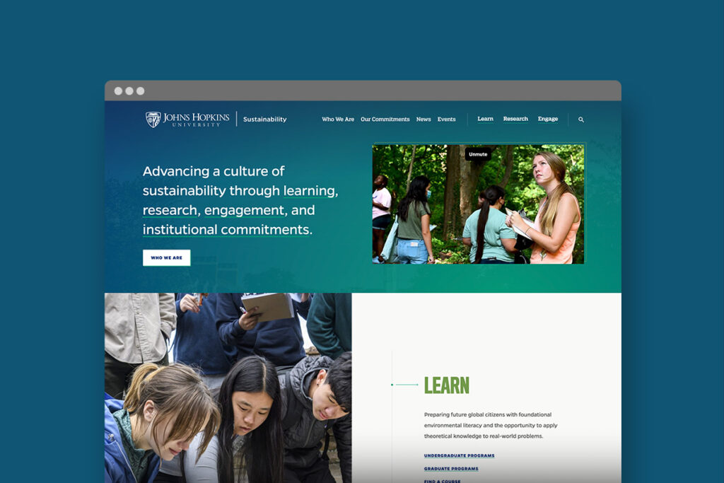 John Hopkins University Sustainability Website Screen