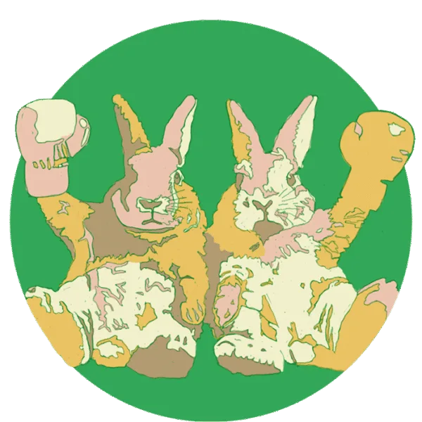 Sketch illustration of 2 bunnies wearing boxing gloves, Artwork for the Box Bash design podcast