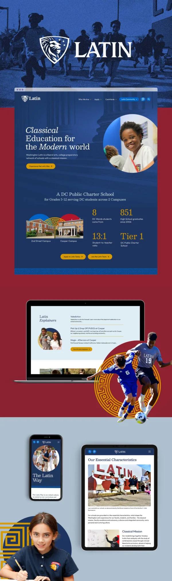 Washington Latin website snapshot, showing several screenshots and graphics from the site.