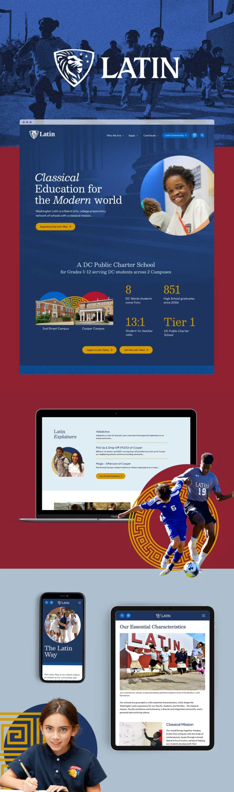 Washington Latin website snapshot, showing several screenshots and graphics from the site.