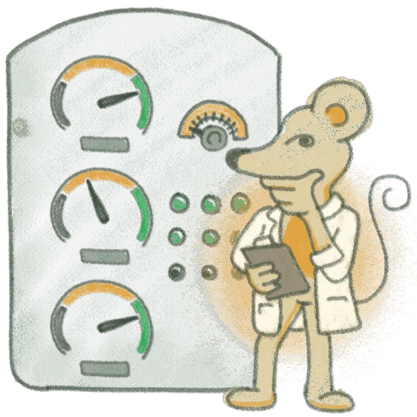 A cartoon mouse looking at a dashboard with knobs and dials