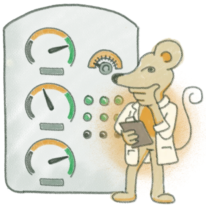 A cartoon mouse looking at a dashboard