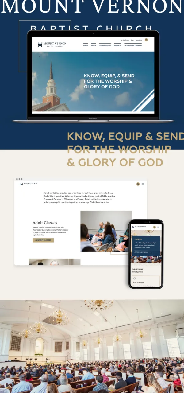 The Mount Vernon Baptist Church website on desktop and mobile devices, featuring a hero section with a scenic church photo and the text "Know, Equip, & Send," followed by sections for adult classes and church interior views.