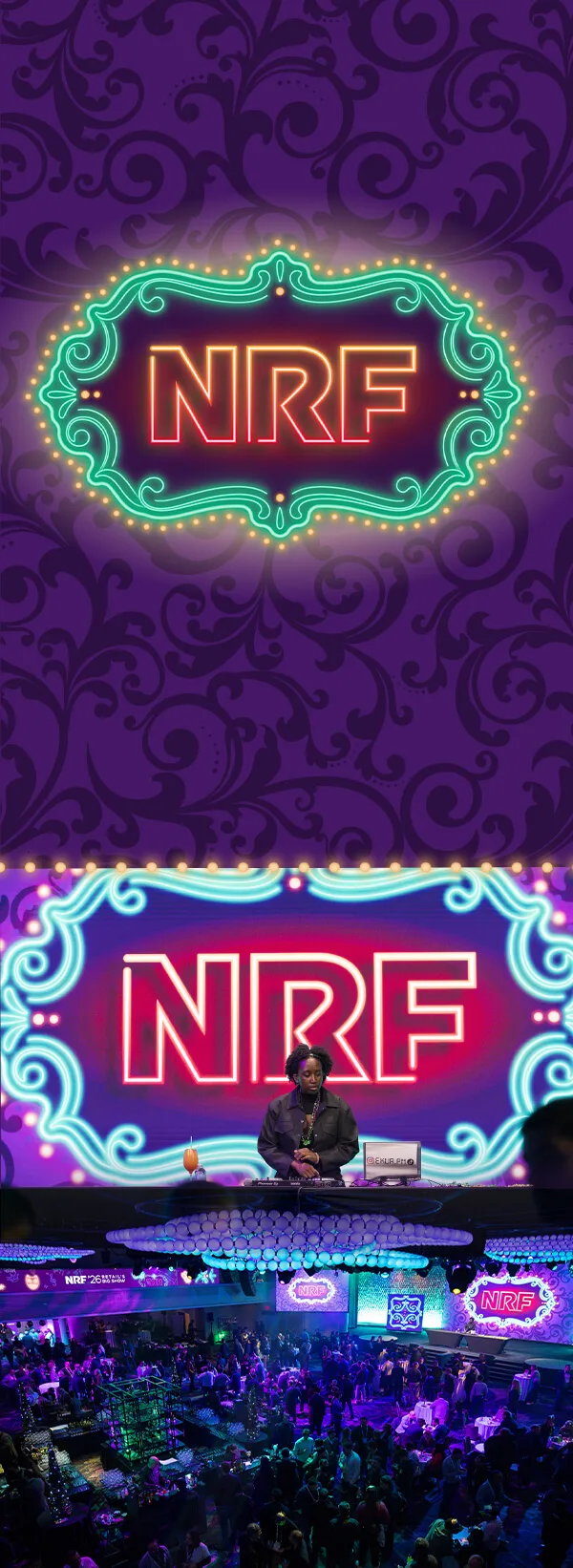Animated stage design for the NRF 2026: Retail’s Big Show Mardi Gras party, featuring event attendees enjoying the immersive experience and branded signage.