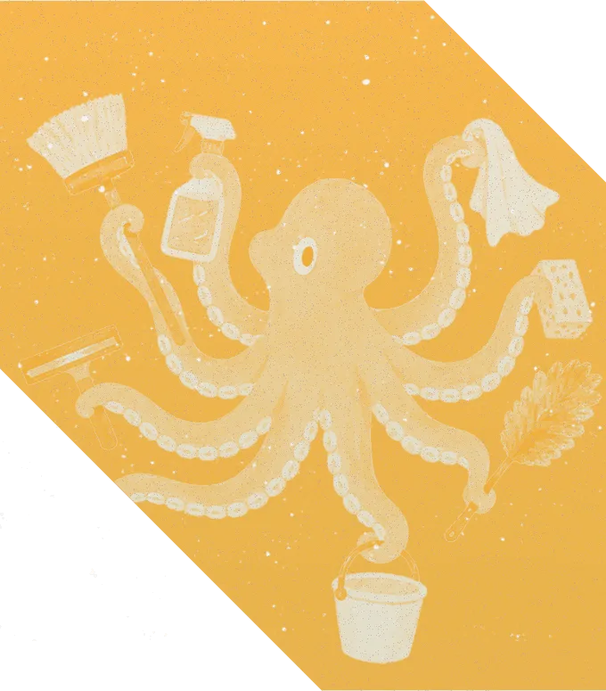 Illustration of an octopus with cleaning supplies