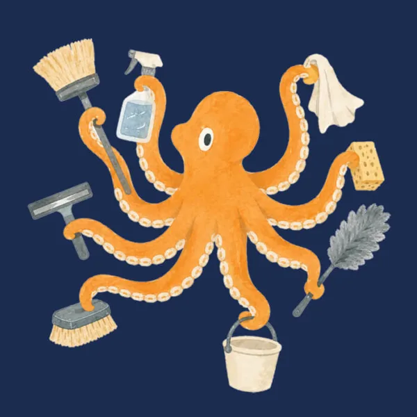 Illustration of an octopus with cleaning supplies