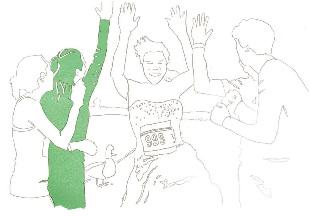 Bride crossing finish line illustration
