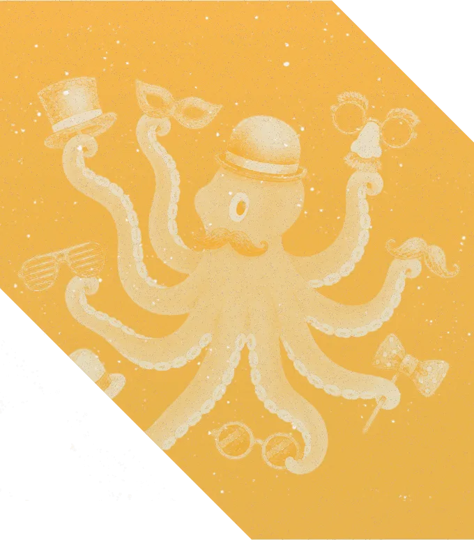 Illustration of an octopus holding many items that can be used to create a disguise.