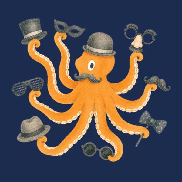 Illustration of an octopus holding many items that can be used to create a disguise.